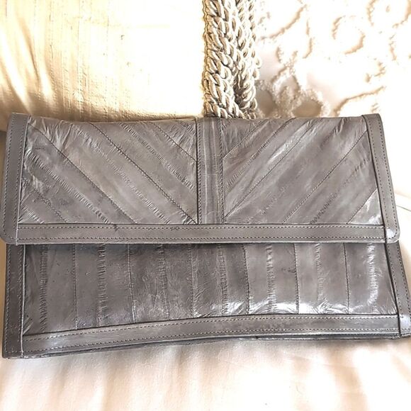 Super Sleek Gray Vintage 🩶Eel Skin Clutch /Shoulder Crossbody Purse - Picture 15 of 15